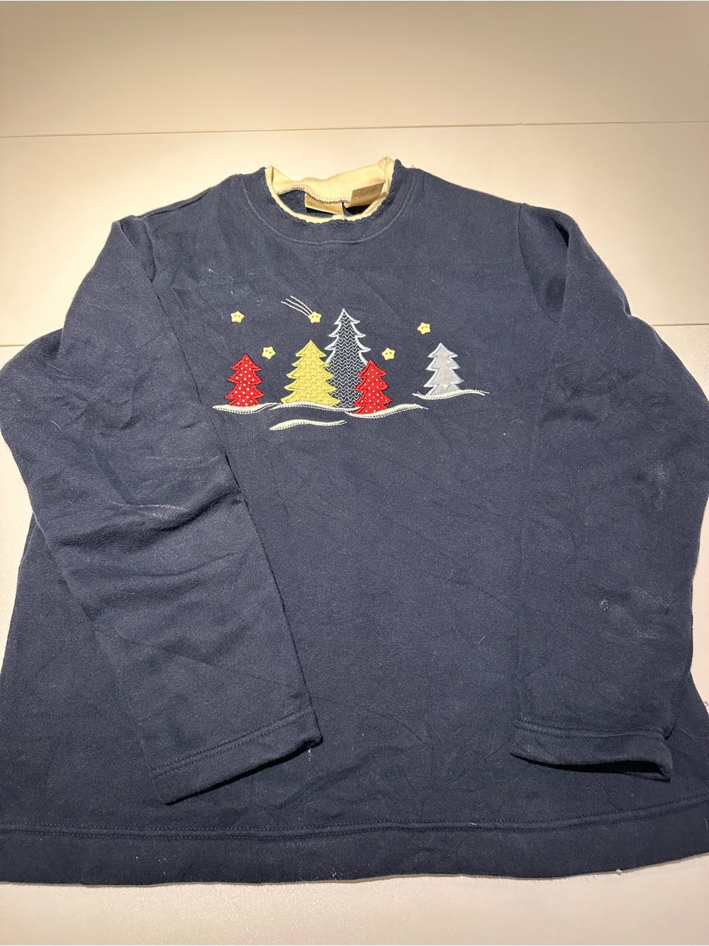Bobbie Brooks Navy Sweatshirt with Festive Tree Appliqués